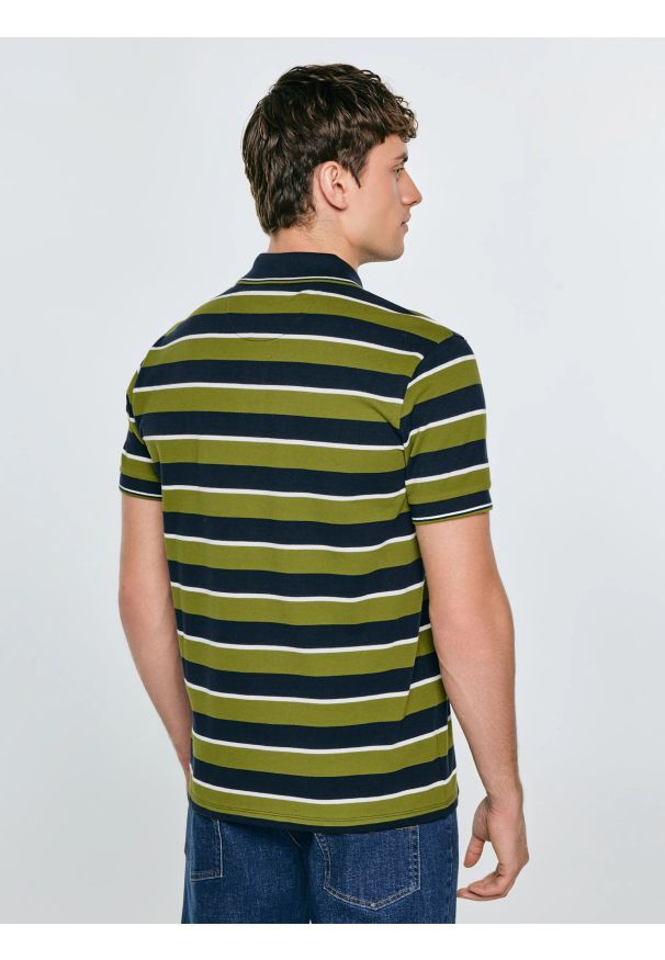 Big-Star - Koszulka męska polo w paski granatowo-zielona Seulis 301. Okazja: na co dzień. Typ kołnierza: polo. Kolor: zielony. Materiał: dzianina, bawełna, żakard, jeans. Wzór: paski. Styl: elegancki, casual, klasyczny, sportowy