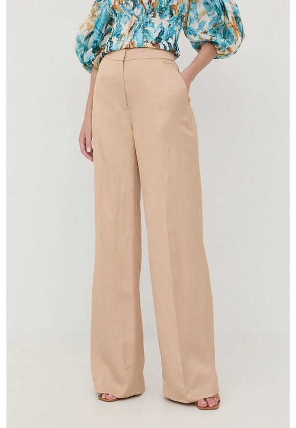 Marciano Guess spodnie z domieszką lnu damskie kolor beżowy szerokie high waist. Stan: podwyższony. Kolor: beżowy. Materiał: len