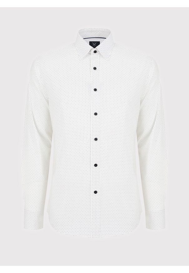 Pako Lorente - PAKO LORENTE – Biała koszula w granatowo-beżowy mikrowzór. Kolor: wielokolorowy, niebieski, biały, beżowy. Materiał: bawełna, elastan