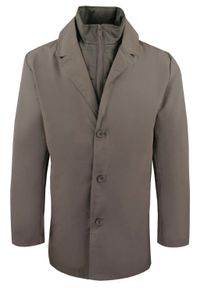 Krótki, Męski Płaszcz Przejściowy z Wysokim Kołnierzem - Brave Soul - Taupe. Kolor: wielokolorowy, beżowy, brązowy. Materiał: poliester. Długość: krótkie. Sezon: wiosna, jesień #1