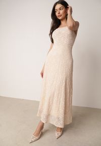 Born2be - Beżowa Taliowana Sukienka Koktajlowa z Koronki Ashelis. Kolor: beżowy. Materiał: koronka. Długość rękawa: na ramiączkach. Wzór: koronka. Styl: wizytowy #5
