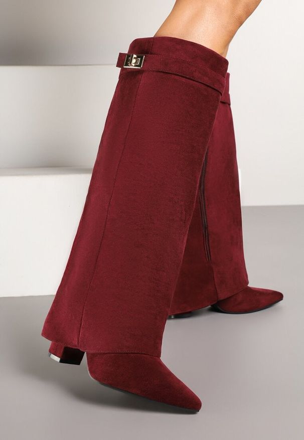 Born2be - Bordowe Kozaki na Słupku z Wywiniętą Cholewką Gafsena. Okazja: na co dzień. Kolor: czerwony. Materiał: jeans. Szerokość cholewki: normalna. Sezon: jesień, wiosna, zima. Obcas: na słupku. Styl: casual. Wysokość obcasa: średni