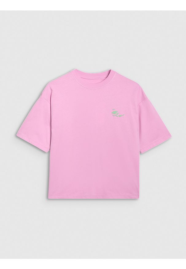 4f - 4F T-shirt oversize z nadrukiem damski - różowy XL. Okazja: na co dzień. Kolor: różowy. Materiał: materiał, bawełna, jersey, dzianina. Długość rękawa: krótki rękaw. Długość: krótkie. Wzór: nadruk. Styl: sportowy, klasyczny, casual