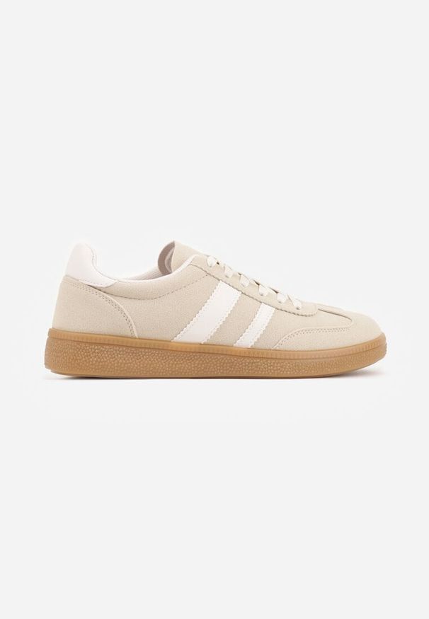 Renee - Beżowe Sneakersy Typu Tenisówki Ozdobione Paskami po Bokach Fefia. Okazja: na co dzień. Zapięcie: pasek. Kolor: beżowy. Materiał: jeans. Wzór: aplikacja. Sezon: wiosna