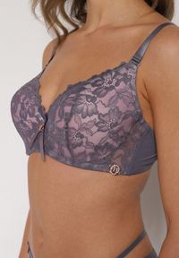 Born2be - Szaro-Różowy Koronkowy Biustonosz z Kokardką Nealenia. Kolor: szary. Materiał: koronka. Wzór: koronka #4