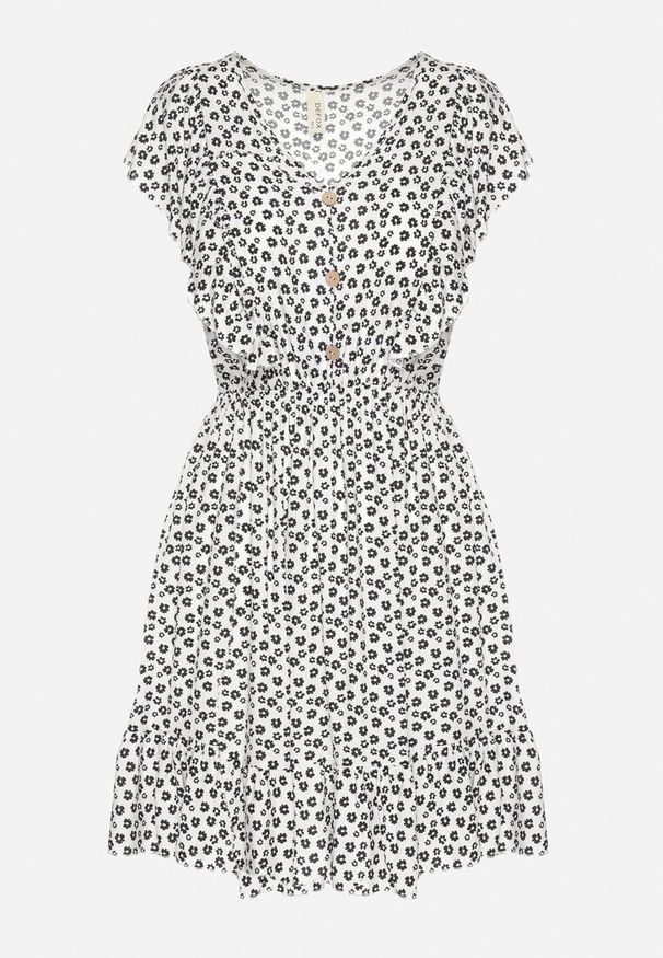 Born2be - Biała Rozkloszowana Sukienka z Bawełny w Kwiaty z Guzikami Ronelle. Okazja: na spacer, na randkę, na co dzień. Kolor: biały. Materiał: bawełna. Wzór: kwiaty. Typ sukienki: proste, rozkloszowane. Styl: elegancki, casual