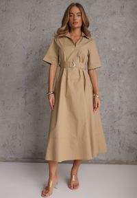 Renee - Beżowa Pudełkowa Sukienka z Bawełny Ozdobiona Przeszyciami i Paskiem Anthionis. Okazja: na co dzień. Kolor: beżowy. Materiał: bawełna. Wzór: aplikacja. Typ sukienki: proste. Styl: elegancki, casual #4