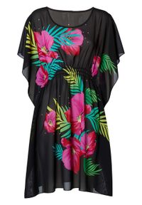 Sukienka plażowa bonprix czarno-różowy z nadrukiem. Okazja: na plażę. Kolor: czarny. Wzór: nadruk. Styl: elegancki #1