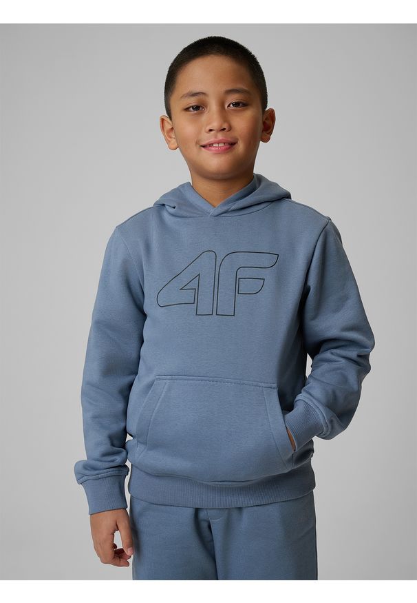 4f - 4F Bluza dresowa regular z kapturem chłopięca - granatowa 146 (10-11 lat). Okazja: na spacer, na co dzień, na uczelnię. Typ kołnierza: kaptur. Kolor: niebieski. Materiał: dresówka. Sezon: lato. Styl: casual