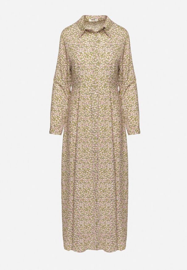 Born2be - Zielono-Beżowa Sukienka Perippe. Kolor: zielony. Wzór: nadruk, aplikacja, kolorowy, kwiaty. Typ sukienki: rozkloszowane, koszulowe. Długość: maxi