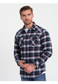 Ombre Clothing - Męska flanelowa koszula w kratę z kieszeniami - granatowo-czerwona V2 - Rozmiar: L. Kolor: czerwony. Materiał: bawełna. Długość rękawa: długi rękaw. Długość: długie. Styl: klasyczny