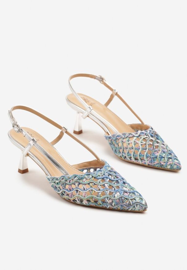 Renee - Niebieskie Sandały na Kaczuszce Slingback z Plecionką Clevassa. Okazja: na co dzień, na spotkanie biznesowe, do pracy. Zapięcie: sprzączka. Kolor: niebieski. Sezon: lato. Obcas: na szpilce. Styl: biznesowy, elegancki, casual. Wysokość obcasa: średni