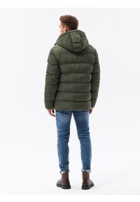 Ombre Clothing - Kurtka męska zimowa z nietypowym pikowaniem - ciemnozielona V2 OM-JAHP-0127 - XXL. Typ kołnierza: kołnierzyk stójkowy. Kolor: zielony. Materiał: polar, poliester. Sezon: zima #9