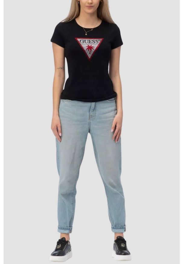 Guess - GUESS Czarny damski t-shirt z logo z cyrkoniami Triangle Rhinestones, Rozmiar M. Okazja: na co dzień. Kolor: czarny. Styl: elegancki, casual, klasyczny