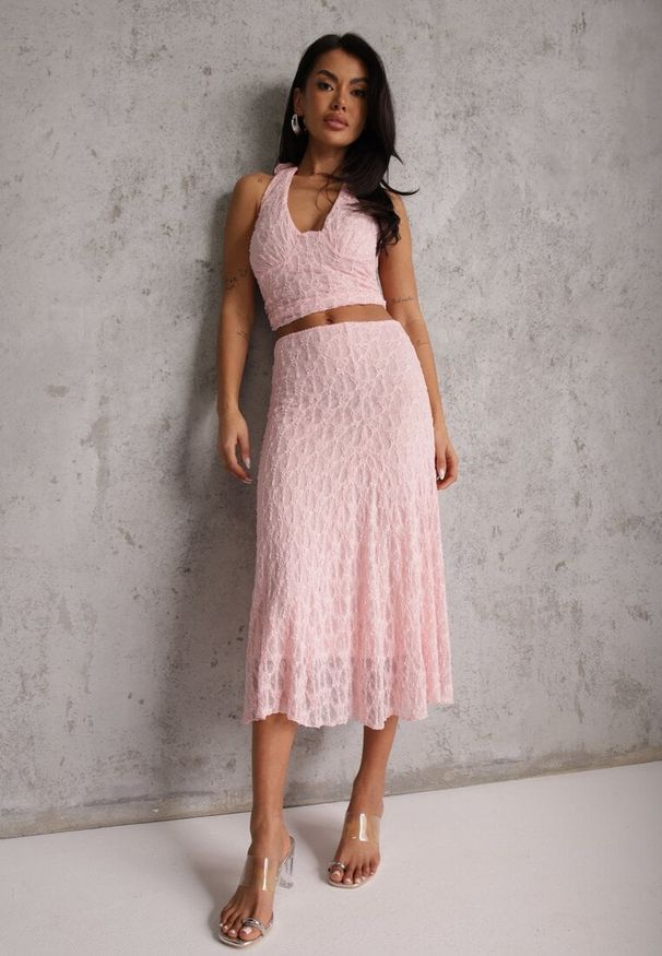 Renee - Różowy Komplet z Koronki Spódnica i Top z Wiązaniem na Szyi Dainetia. Kolor: różowy. Materiał: koronka. Wzór: koronka
