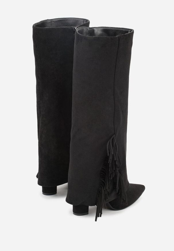 Born2be - Czarne Kozaki na Słupku z Wywiniętą Cholewką z Frędzlami Linadela. Okazja: do pracy, na co dzień, na spotkanie biznesowe. Kolor: czarny. Materiał: satyna, jeans. Szerokość cholewki: normalna. Obcas: na słupku. Styl: klasyczny, casual, elegancki, biznesowy