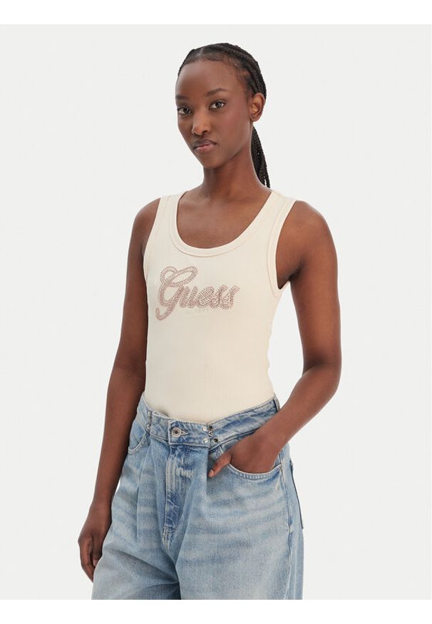 Guess Top W6GP22 K2954 Beżowy Regular Fit. Kolor: beżowy. Materiał: syntetyk