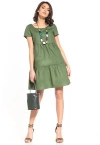 Tessita - Bawełniana Mini Sukienka z Owalnym Dekoltem - Zielona. Kolor: zielony. Materiał: bawełna. Długość: mini