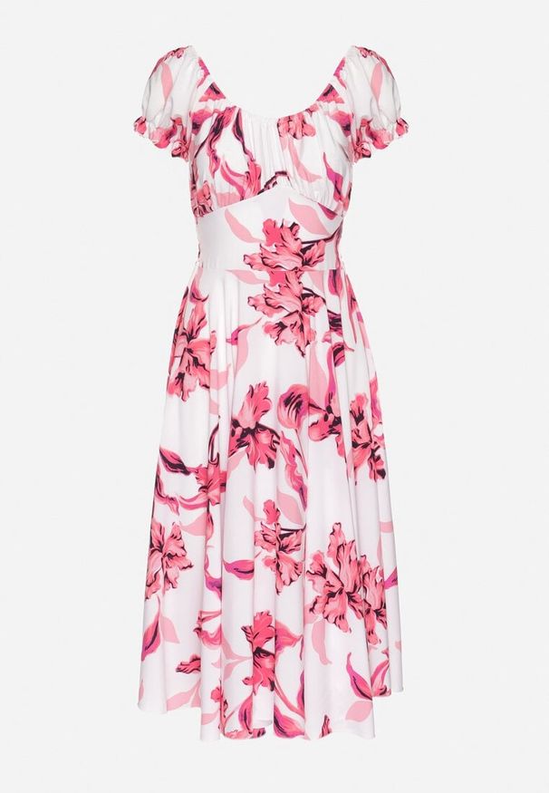 Born2be - Jasnobeżowa Sukienka w Kwiaty z Dekoltem Łódką z Bawełną o Rozkloszowanym Kroju Annilva. Okazja: na co dzień, na imprezę, na spacer. Typ kołnierza: dekolt w łódkę. Kolor: beżowy. Materiał: bawełna. Długość rękawa: krótki rękaw. Wzór: kwiaty. Sezon: wiosna, lato. Styl: casual, elegancki, klasyczny