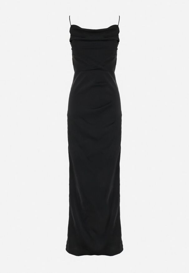 Born2be - Czarna Satynowa Sukienka Maxi z Rozcięciem na Dole Hacheyar. Kolor: czarny. Materiał: satyna. Długość rękawa: na ramiączkach. Styl: elegancki. Długość: maxi
