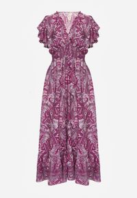 Renee - Fioletowa Bawełniana Sukienka Paisley z Kopertowym Dekoltem z Falbaną i Gumką w Talii Brionea. Okazja: na co dzień. Typ kołnierza: dekolt kopertowy. Kolor: fioletowy. Materiał: bawełna. Długość rękawa: krótki rękaw. Wzór: paisley. Typ sukienki: kopertowe. Styl: casual, elegancki #5