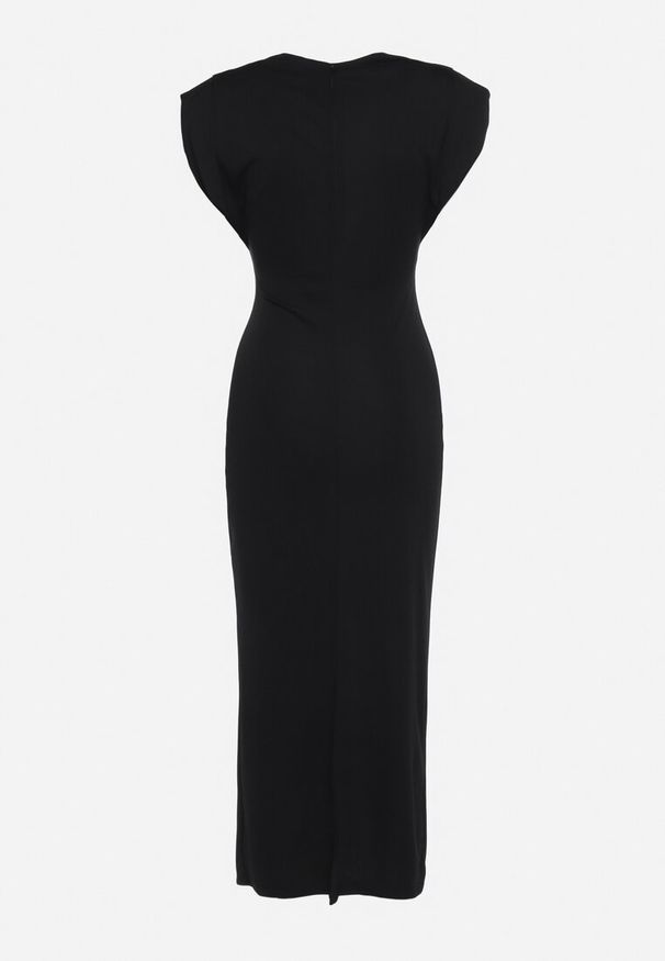 Born2be - Czarna Dopasowana Sukienka z Krótkim Rękawem i Poduszkami na Ramionach z Rozcięciem Fionella. Kolor: czarny. Długość rękawa: krótki rękaw. Styl: elegancki