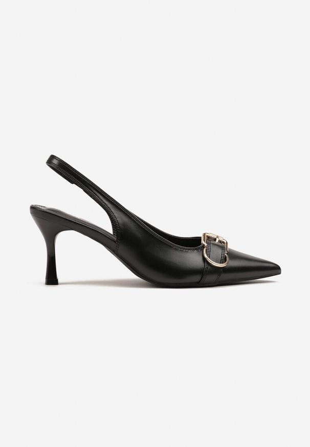 Renee - Czarne Sandały na Szpilce Slingback Ozdobione Metaliczną Klamrą Zeornna. Okazja: na co dzień. Zapięcie: klamry. Kolor: czarny. Wzór: aplikacja. Obcas: na szpilce. Styl: elegancki, casual