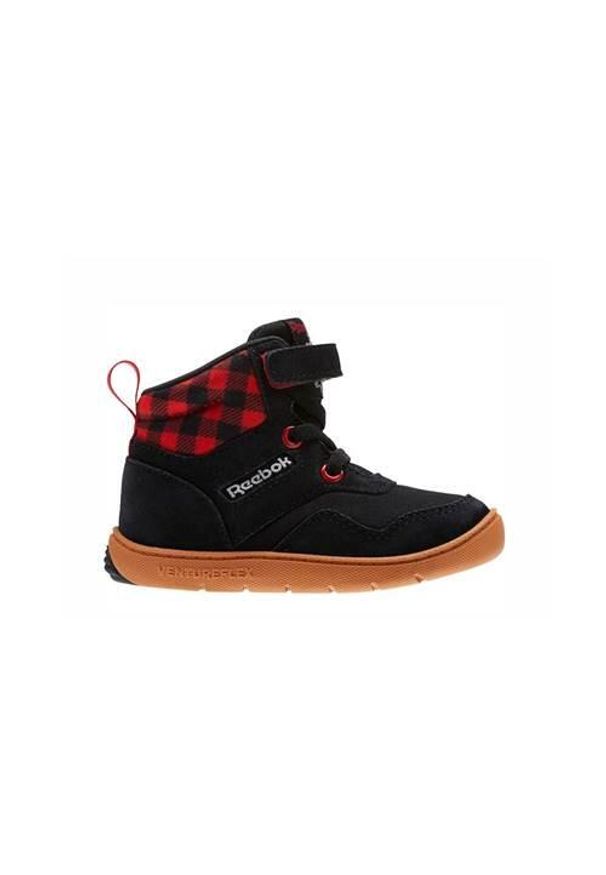 Buty do chodzenia niemowlęce Reebok Ventureflex Sneaker. Wysokość cholewki: za kostkę. Zapięcie: rzepy. Kolor: czarny. Materiał: tkanina, skóra, materiał, syntetyk. Szerokość cholewki: normalna. Sport: turystyka piesza