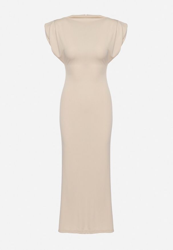 Born2be - Jasnobeżowa Dopasowana Sukienka z Krótkim Rękawem i Poduszkami na Ramionach z Rozcięciem Fionella. Kolor: beżowy. Długość rękawa: krótki rękaw. Styl: elegancki