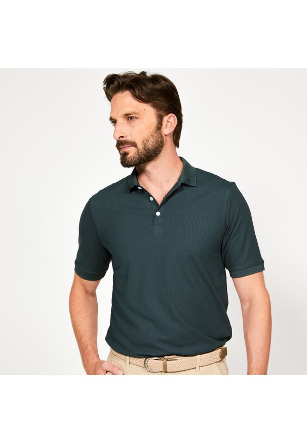 INESIS - Koszulka polo do golfa z krótkim rękawem męska Inesis WW500. Typ kołnierza: polo, golf. Kolor: zielony. Materiał: poliester, materiał. Długość rękawa: krótki rękaw. Długość: krótkie. Wzór: ze splotem. Styl: sportowy