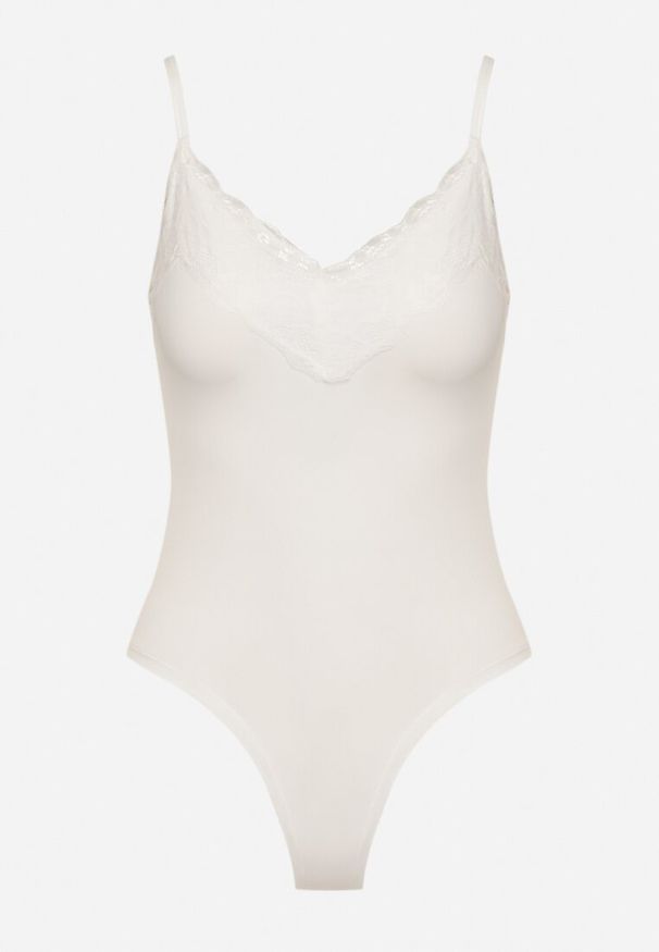 Born2be - Białe Body z Ozdobną Koronką Amosela. Kolor: biały. Materiał: koronka. Wzór: koronka. Styl: elegancki