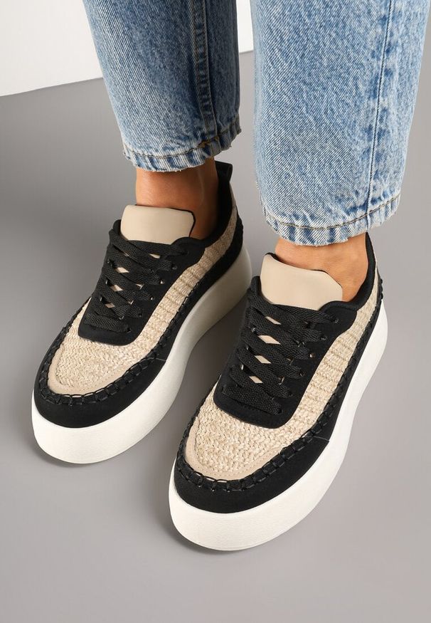 Born2be - Czarne Sneakersy na Grubej Podeszwie z Plecioną Cholewką Nilavanea. Okazja: na co dzień. Kolor: czarny. Materiał: jeans. Szerokość cholewki: normalna