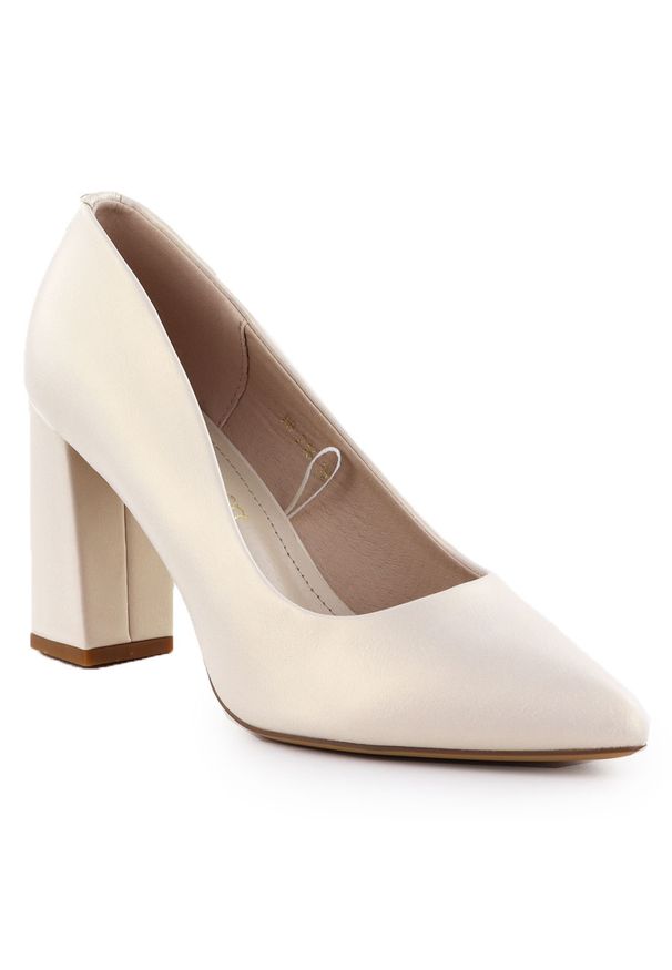 Czółenka na słupku w szpic perłowe beżowe Sergio Leone PB216. Kolor: biały, beżowy, wielokolorowy. Materiał: skóra ekologiczna. Szerokość cholewki: normalna. Obcas: na słupku