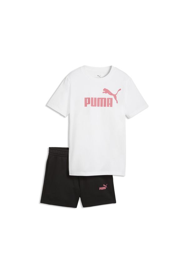 Puma - Młodzieżowy zestaw Essentials z koszulką i szortami z logo No.1 PUMA. Okazja: na uczelnię. Kolor: różowy, biały, wielokolorowy. Materiał: guma, dresówka. Wzór: nadruk. Styl: młodzieżowy
