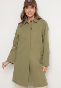 Born2be - Zielony Płaszcz Jednorzędowy z Kołnierzykiem Ronisse. Okazja: na co dzień. Kolor: zielony. Materiał: jeans. Styl: klasyczny, casual, elegancki #1
