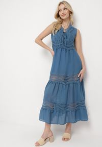 Born2be - Niebieska Rozkloszowana Sukienka z Ażurowymi Zdobieniami Maxi Savanlia. Kolor: niebieski. Wzór: ażurowy, aplikacja. Sezon: lato. Długość: maxi