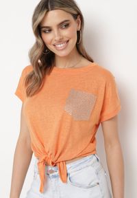 Born2be - Pomarańczowy Klasyczny T-shirt Wiązany na Dole z Cyrkoniami Efigga. Okazja: na co dzień. Kolor: pomarańczowy. Materiał: jeans. Wzór: aplikacja. Styl: klasyczny #6