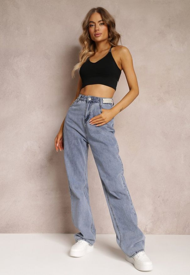 Renee - Niebieskie Szerokie Jeansy High Waist Onte. Okazja: na co dzień. Stan: podwyższony. Kolor: niebieski. Wzór: aplikacja. Styl: casual