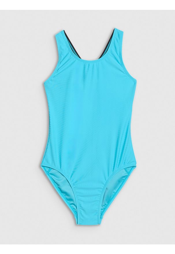4f - 4F Kostium kąpielowy jednoczęściowy dziewczęcy - turkusowy 146/152 (10-12 lat). Kolor: turkusowy. Materiał: syntetyk, materiał, włókno, elastan. Wzór: jednolity