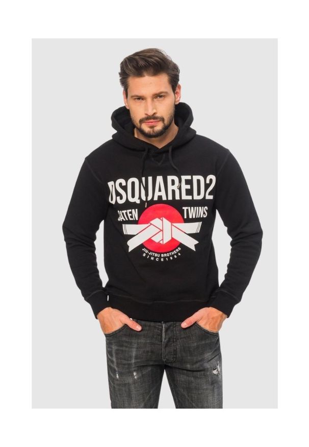 DSQUARED2 Czarna bluza męska z kapturem. Typ kołnierza: kaptur. Kolor: czarny. Materiał: bawełna. Wzór: nadruk