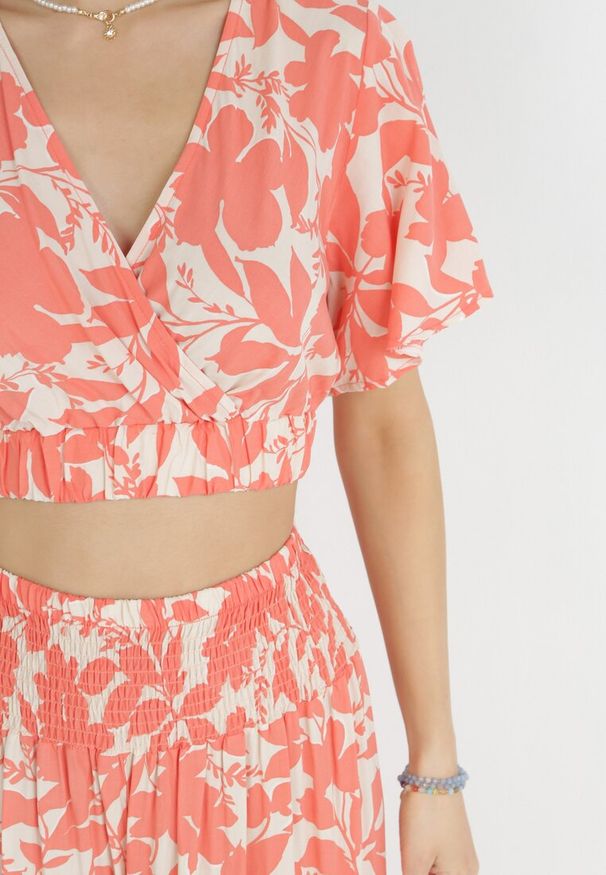 Born2be - Pomarańczowy 2-częściowy Komplet w Kwiaty z Wiskozy Onisa. Kolor: pomarańczowy. Materiał: wiskoza. Wzór: kwiaty