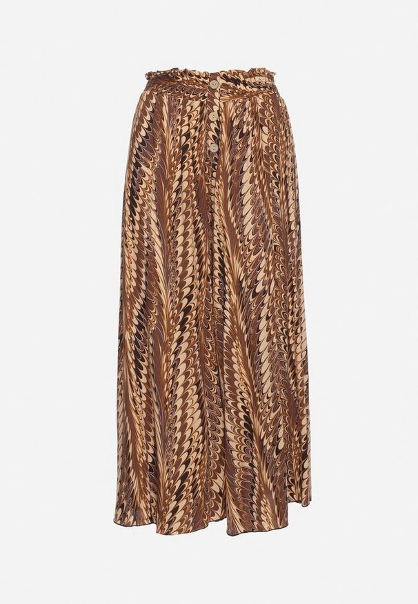 Born2be - Brązowe Szerokie Wiskozowe Spodnie z Wysokim Stanem i Gumką w Talii Ozdobione Guzikami Jilifea. Stan: podwyższony. Kolor: brązowy. Materiał: wiskoza. Wzór: aplikacja