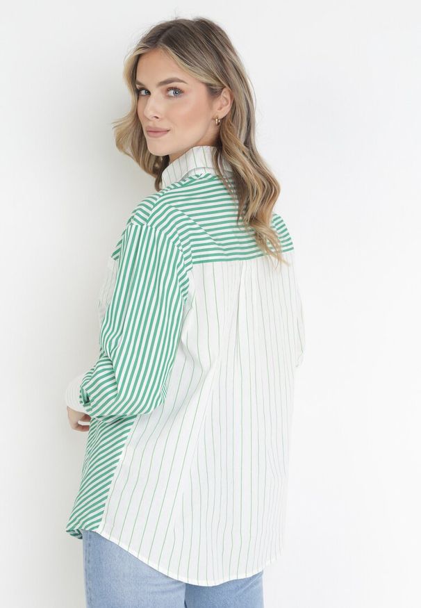 Born2be - Zielono-Biała Koszula w Paski z Kołnierzem Aeshoma. Kolor: biały. Materiał: materiał. Wzór: paski. Styl: elegancki