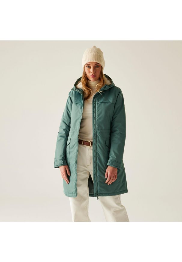 Kurtka przeciwdeszczowa z kapturem damska Regatta Romine II. Typ kołnierza: kaptur. Kolor: zielony. Sport: turystyka piesza