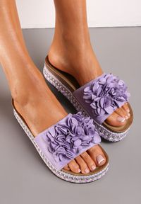 Born2be - Fioletowe Klapki z Kwiatowym Zdobieniem i Nitami Phinelaia. Okazja: na co dzień. Kolor: fioletowy. Wzór: kwiaty, aplikacja. Sezon: lato. Styl: casual, elegancki #3
