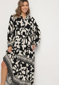 Born2be - Czarna Koszulowa Sukienka z Wiskozy z Motywem Liści Liorenna. Okazja: na co dzień. Kolor: czarny. Materiał: wiskoza. Wzór: kolorowy. Sezon: wiosna, lato. Typ sukienki: koszulowe. Styl: casual, klasyczny #7