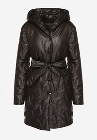 Renee - Czarna Pikowana Kurtka z Kapturem i Wiązanym Paskiem Elladie. Okazja: na co dzień. Typ kołnierza: kaptur. Kolor: czarny. Materiał: dzianina, jeans. Styl: casual #2