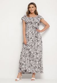 Born2be - Ciemnoszara Sukienka Hiszpanka z Bawełną w Kwiaty Mreova. Okazja: na co dzień. Typ kołnierza: dekolt hiszpanka. Kolor: szary. Materiał: bawełna. Wzór: kwiaty. Styl: casual, elegancki, klasyczny #1