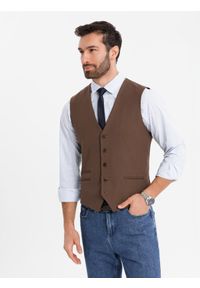 Ombre Clothing - Męska kamizelka garniturowa z klasycznym detalem i podszewką – brązowa V2 - Rozmiar: L. Kolor: brązowy. Materiał: wiskoza, poliester, materiał. Styl: klasyczny #7