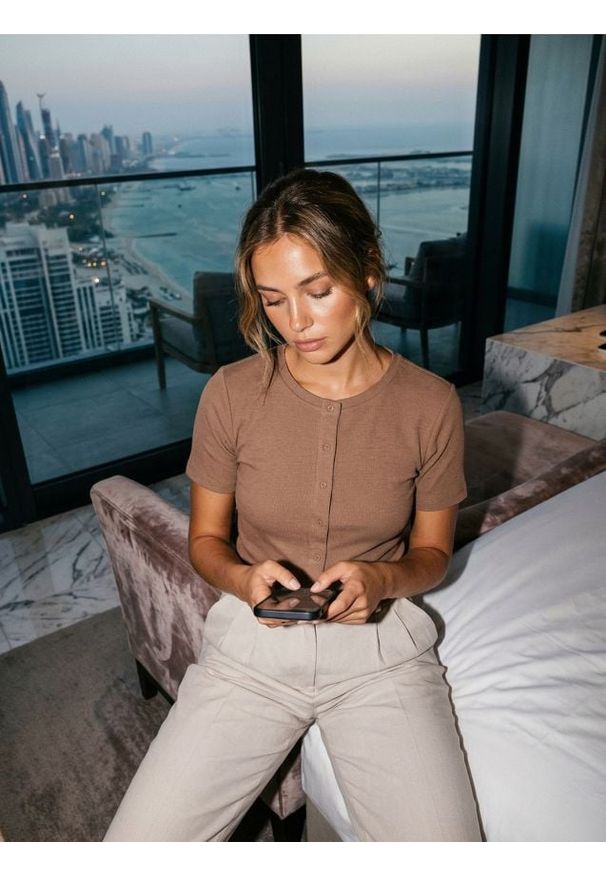 Sinsay - Prążkowana koszulka z guzikami - brązowy. Kolor: brązowy. Materiał: prążkowany